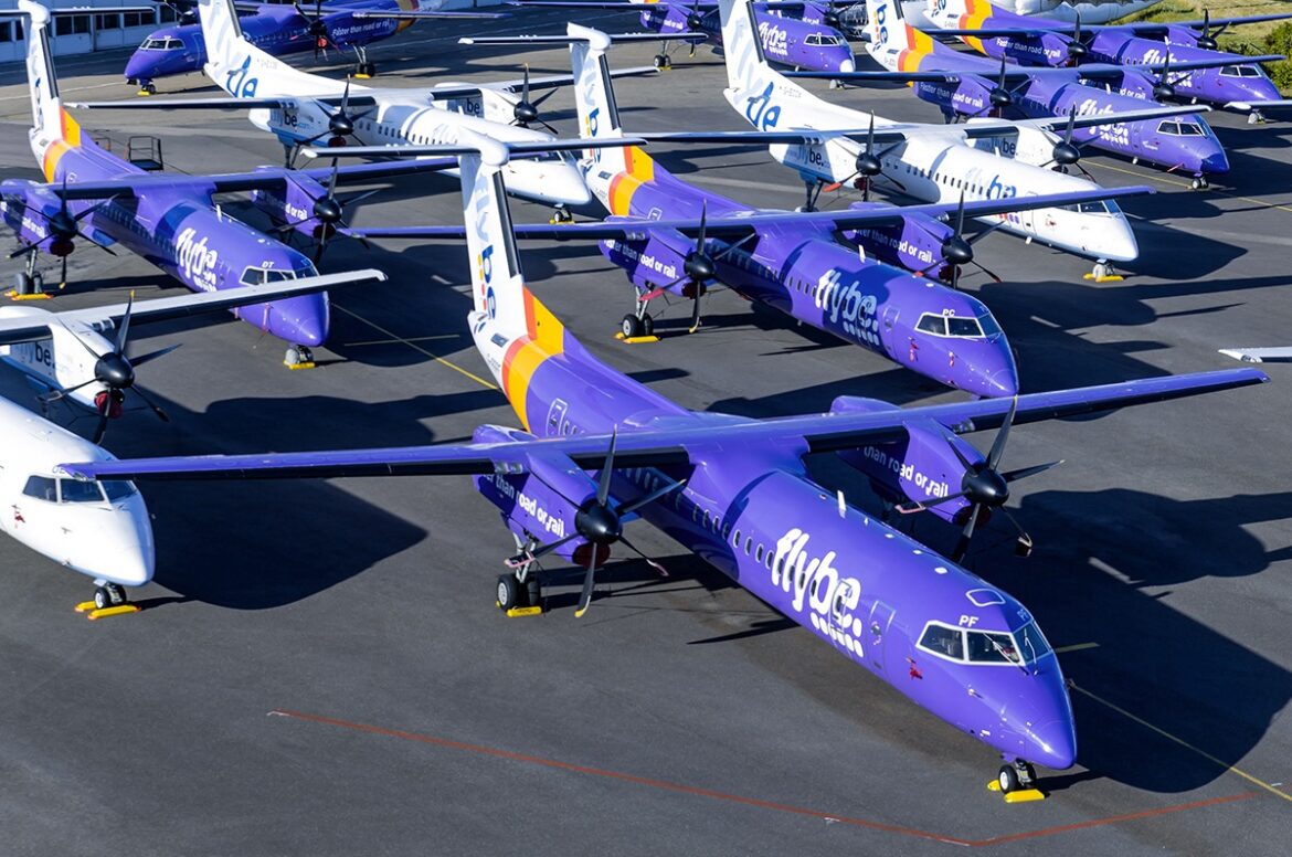 Bombardier Dash 8-Q400s that were leased to Flybe by Norddeutsche Landesbank in storage at Saarbruecken, Germany, July 2020. (Matthias Becker)